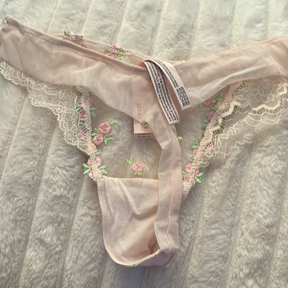 NWT Victoria's Secret Large Pink Thong Panty Rosebud Embroidery Dream Angels Med - Picture 6 of 7